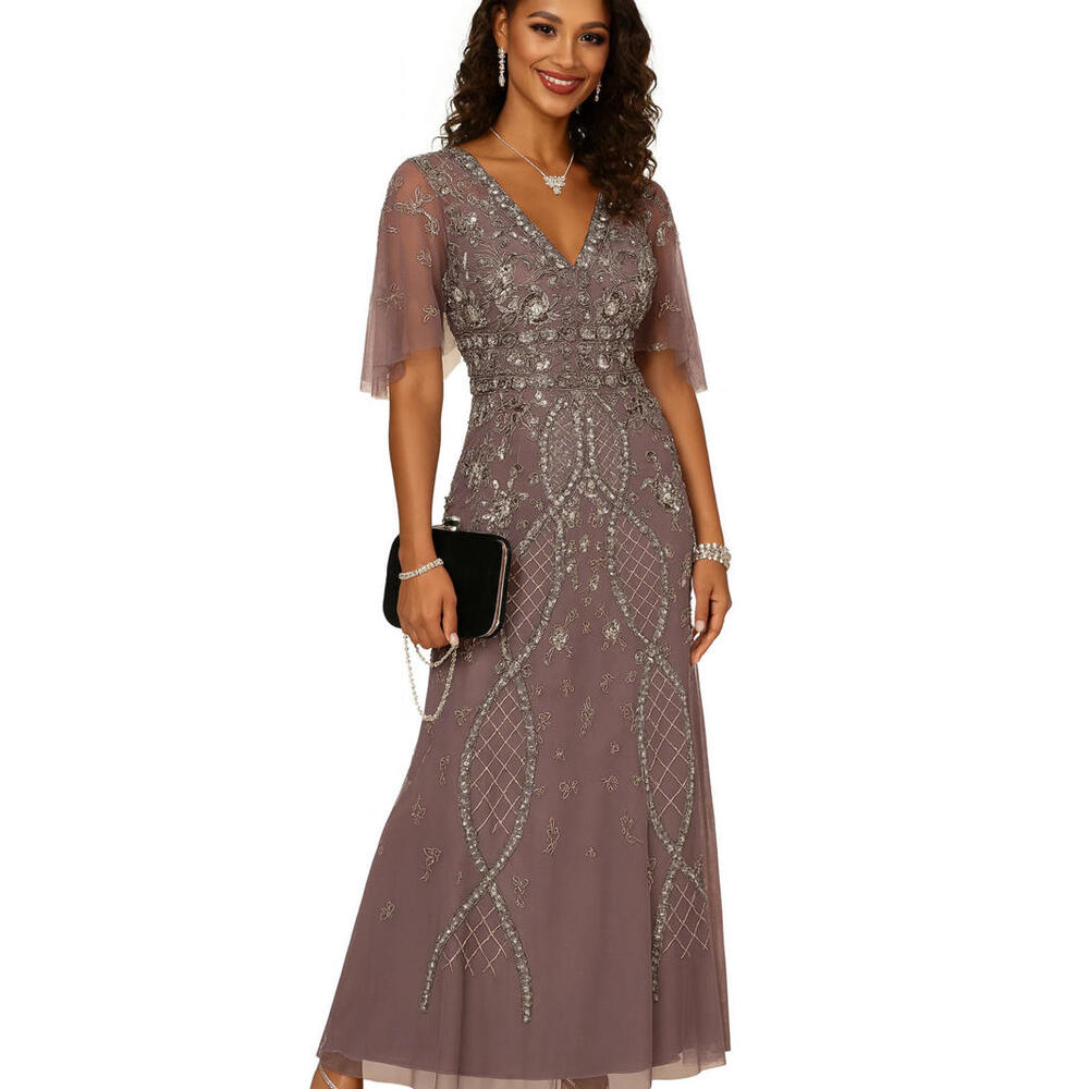 ADRIANNA PAPEL AP1E210128 BEADED CAPE SLEEVE LONG MOONSCAPE sz 8 GOWN MODEST